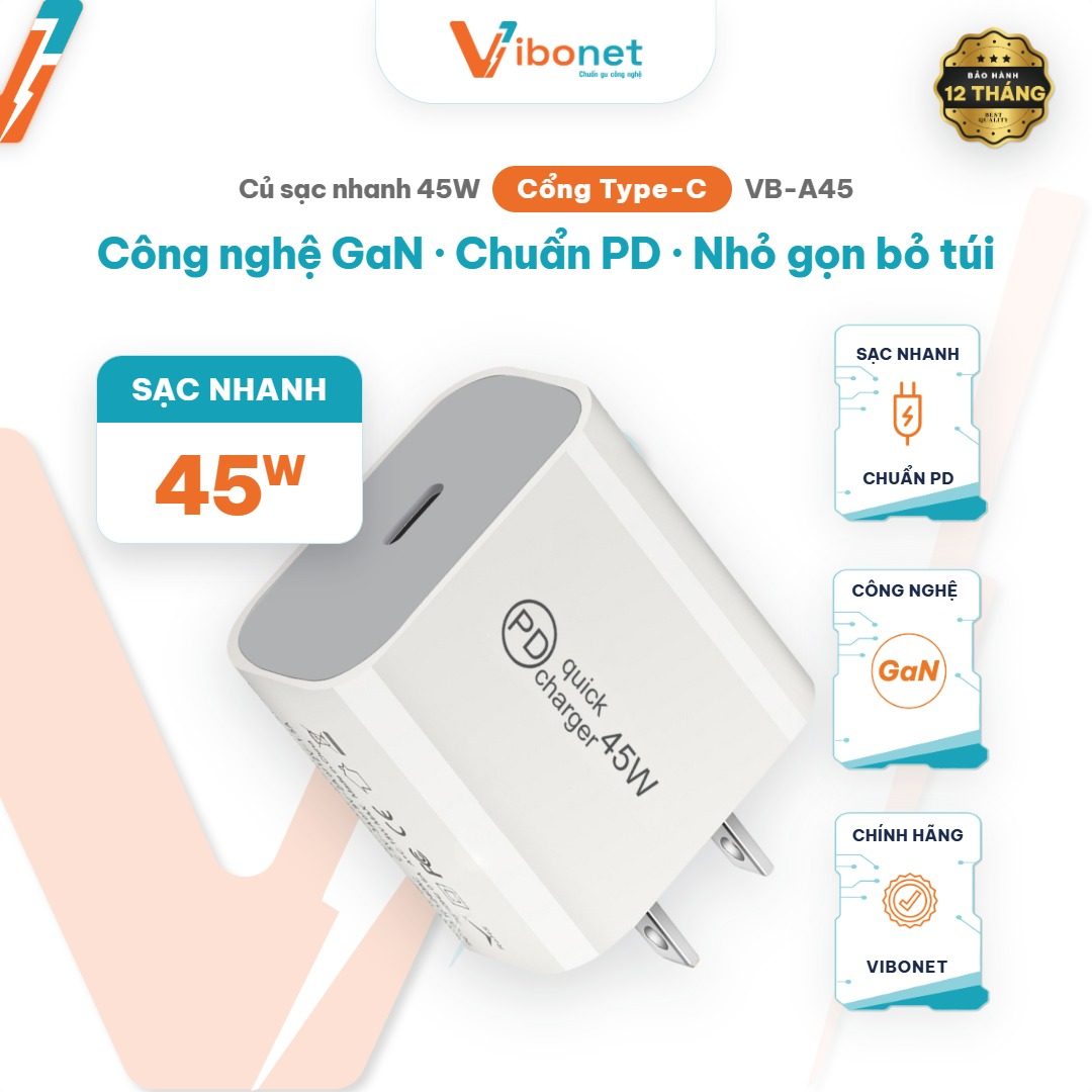 Củ sạc nhanh Vibonet 45W GaN 1 cổng Type-C (PD)