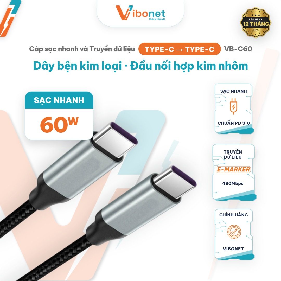 Cáp sạc nhanh Vibonet 60W Type-C bện kim loại (1m)